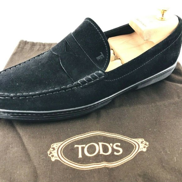 TODS Suede Penny Loafers Mens 8.5 Black Slip On - Picture 1 of 8